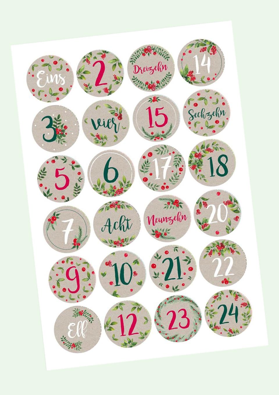 Papierdrachen 24 Adventskalender Zahlenaufkleber "Leaves and Berries" - tiny - boon.com