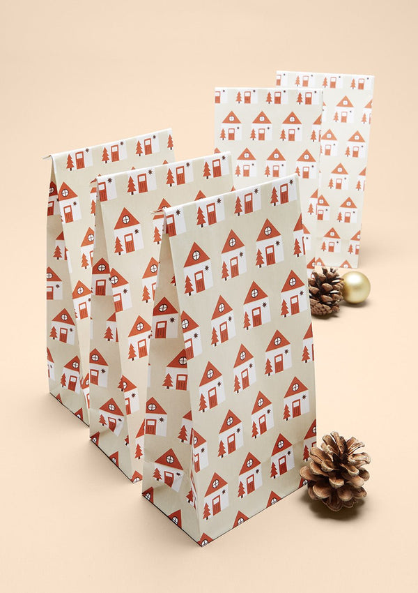 ava&yves Geschenktüten "Weihnachten Häuser" beige/rot 6 Er-Set - tiny-boon.com