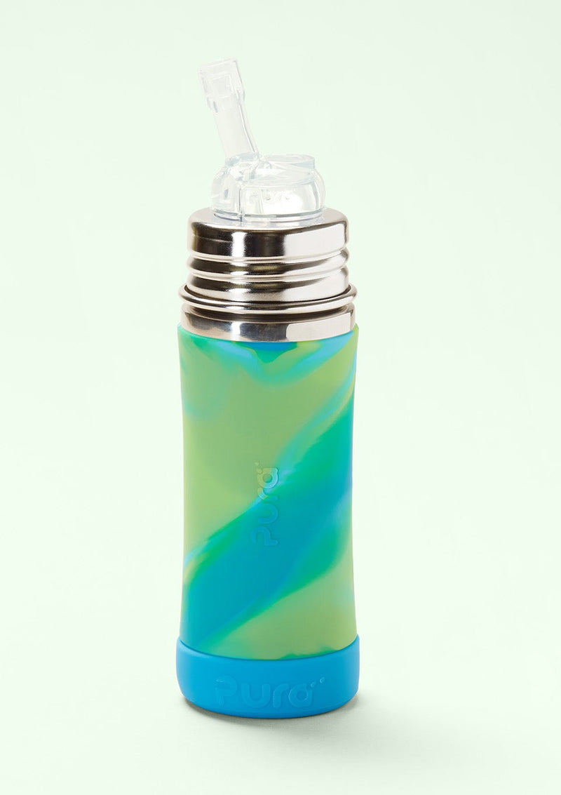Pura kiki Edelstahl Trinkhalm-Flasche 325ml aqua swirl mit Bodenschutz - tiny-boon.com
